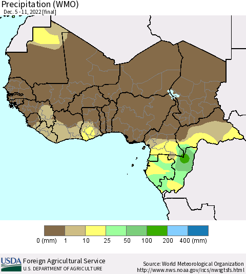 Western Africa Precipitation (WMO) Thematic Map For 12/5/2022 - 12/11/2022