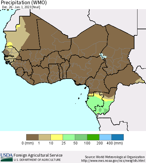 Western Africa Precipitation (WMO) Thematic Map For 12/26/2022 - 1/1/2023