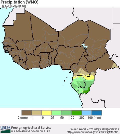 Western Africa Precipitation (WMO) Thematic Map For 1/2/2023 - 1/8/2023