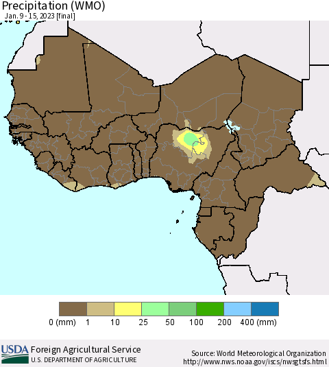 Western Africa Precipitation (WMO) Thematic Map For 1/9/2023 - 1/15/2023