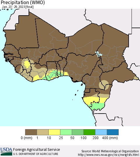 Western Africa Precipitation (WMO) Thematic Map For 1/23/2023 - 1/29/2023