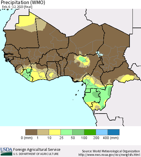 Western Africa Precipitation (WMO) Thematic Map For 2/6/2023 - 2/12/2023