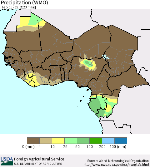 Western Africa Precipitation (WMO) Thematic Map For 2/13/2023 - 2/19/2023