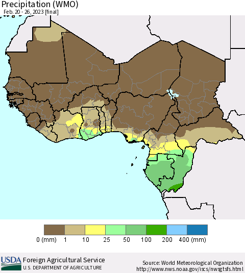 Western Africa Precipitation (WMO) Thematic Map For 2/20/2023 - 2/26/2023