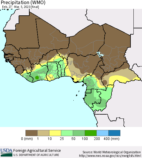 Western Africa Precipitation (WMO) Thematic Map For 2/27/2023 - 3/5/2023