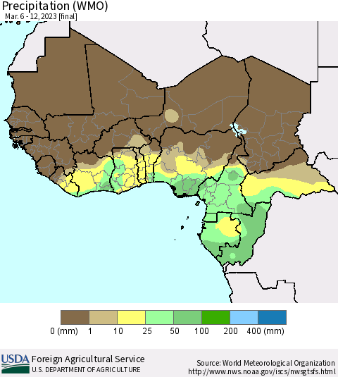 Western Africa Precipitation (WMO) Thematic Map For 3/6/2023 - 3/12/2023