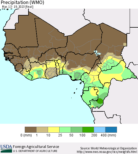 Western Africa Precipitation (WMO) Thematic Map For 3/13/2023 - 3/19/2023