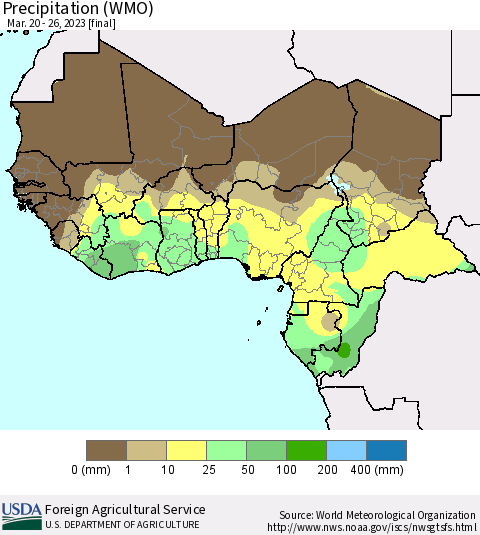 Western Africa Precipitation (WMO) Thematic Map For 3/20/2023 - 3/26/2023