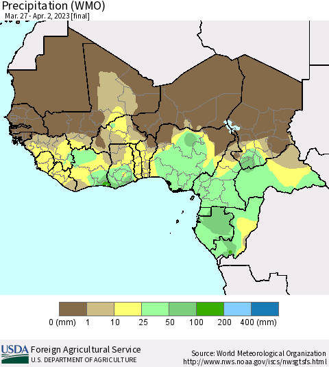 Western Africa Precipitation (WMO) Thematic Map For 3/27/2023 - 4/2/2023