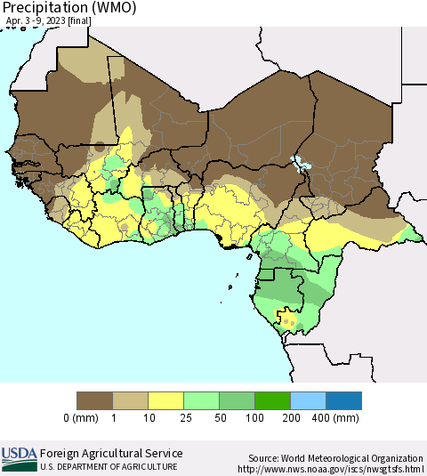 Western Africa Precipitation (WMO) Thematic Map For 4/3/2023 - 4/9/2023