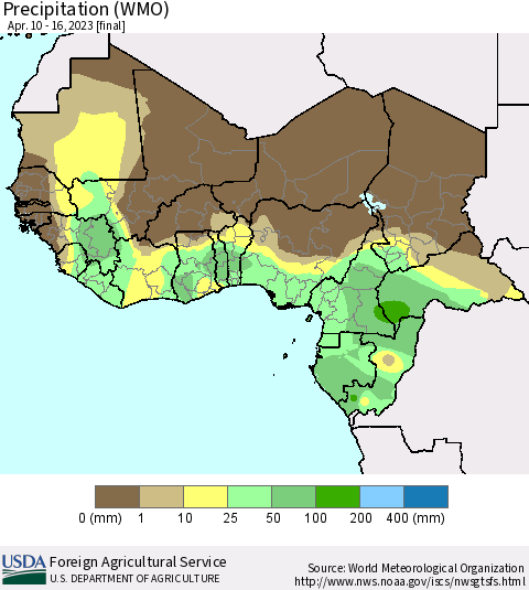Western Africa Precipitation (WMO) Thematic Map For 4/10/2023 - 4/16/2023
