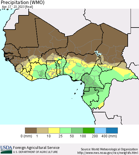 Western Africa Precipitation (WMO) Thematic Map For 4/17/2023 - 4/23/2023