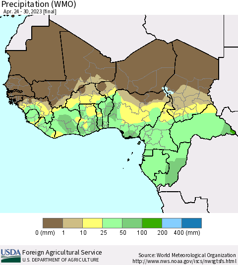 Western Africa Precipitation (WMO) Thematic Map For 4/24/2023 - 4/30/2023