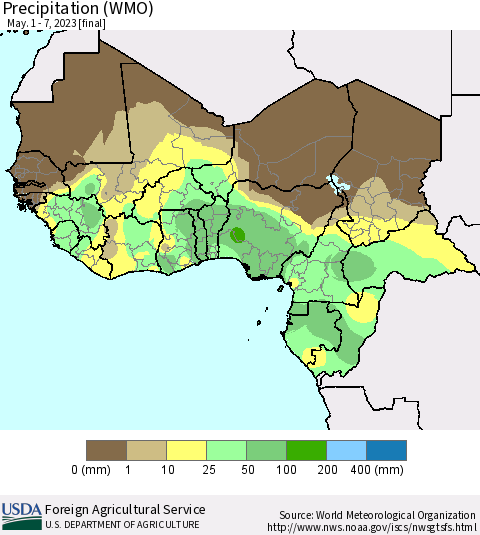 Western Africa Precipitation (WMO) Thematic Map For 5/1/2023 - 5/7/2023