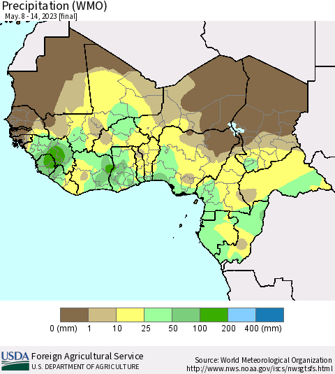 Western Africa Precipitation (WMO) Thematic Map For 5/8/2023 - 5/14/2023