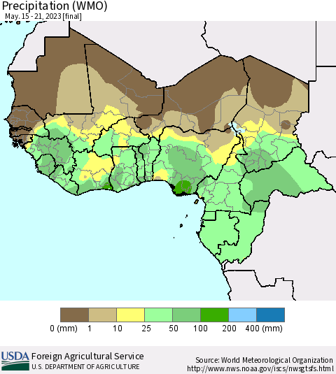 Western Africa Precipitation (WMO) Thematic Map For 5/15/2023 - 5/21/2023