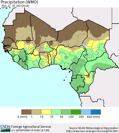 Western Africa Precipitation (WMO) Thematic Map For 5/22/2023 - 5/28/2023