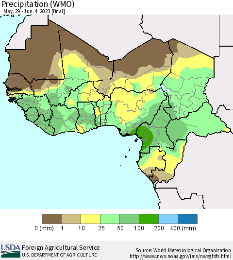Western Africa Precipitation (WMO) Thematic Map For 5/29/2023 - 6/4/2023