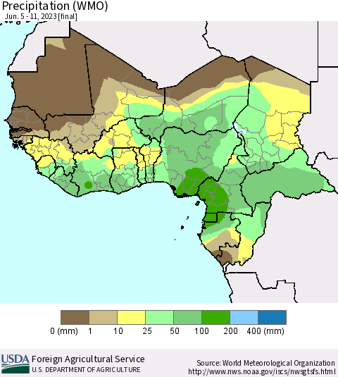 Western Africa Precipitation (WMO) Thematic Map For 6/5/2023 - 6/11/2023