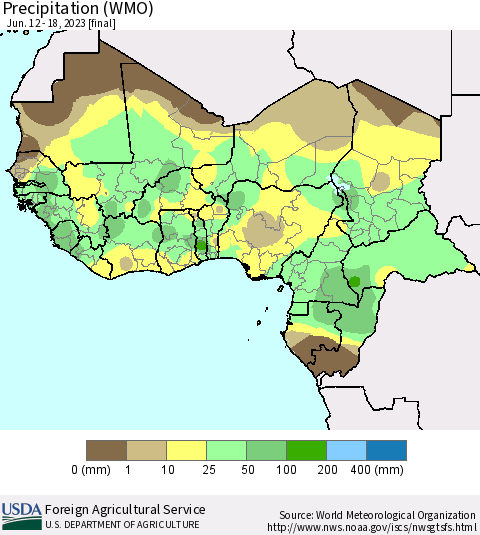Western Africa Precipitation (WMO) Thematic Map For 6/12/2023 - 6/18/2023
