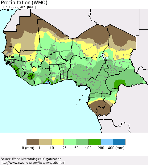 Western Africa Precipitation (WMO) Thematic Map For 6/19/2023 - 6/25/2023