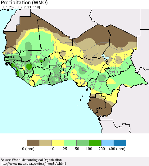 Western Africa Precipitation (WMO) Thematic Map For 6/26/2023 - 7/2/2023