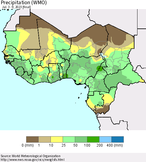 Western Africa Precipitation (WMO) Thematic Map For 7/3/2023 - 7/9/2023