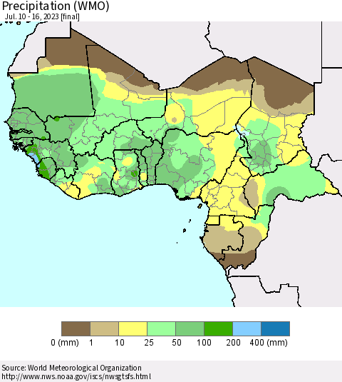 Western Africa Precipitation (WMO) Thematic Map For 7/10/2023 - 7/16/2023