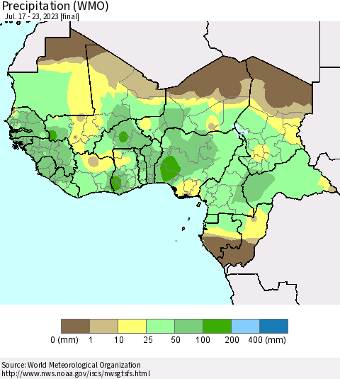Western Africa Precipitation (WMO) Thematic Map For 7/17/2023 - 7/23/2023