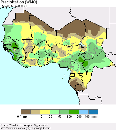 Western Africa Precipitation (WMO) Thematic Map For 7/24/2023 - 7/30/2023