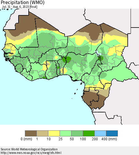 Western Africa Precipitation (WMO) Thematic Map For 7/31/2023 - 8/6/2023