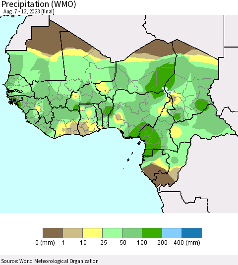 Western Africa Precipitation (WMO) Thematic Map For 8/7/2023 - 8/13/2023