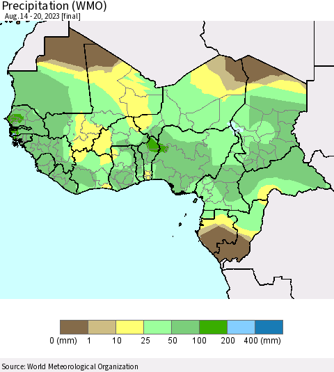 Western Africa Precipitation (WMO) Thematic Map For 8/14/2023 - 8/20/2023