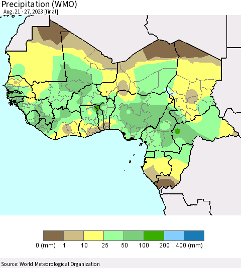 Western Africa Precipitation (WMO) Thematic Map For 8/21/2023 - 8/27/2023