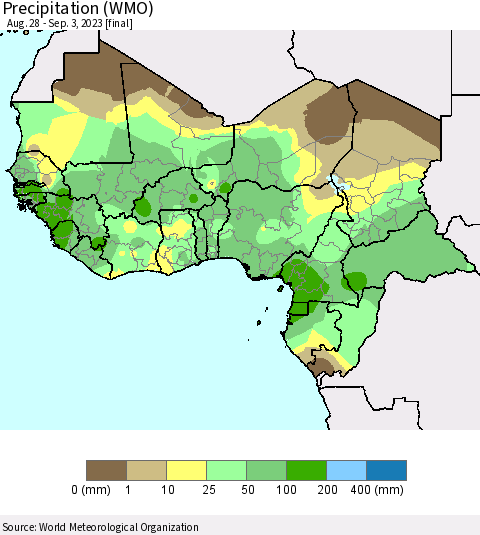 Western Africa Precipitation (WMO) Thematic Map For 8/28/2023 - 9/3/2023