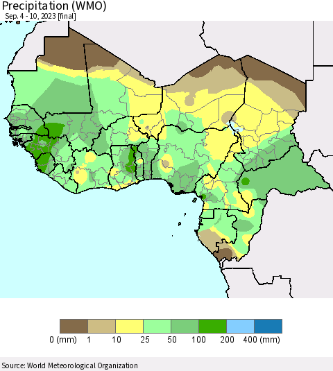 Western Africa Precipitation (WMO) Thematic Map For 9/4/2023 - 9/10/2023
