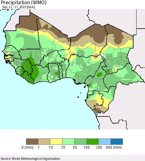 Western Africa Precipitation (WMO) Thematic Map For 9/11/2023 - 9/17/2023