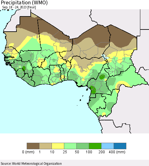 Western Africa Precipitation (WMO) Thematic Map For 9/18/2023 - 9/24/2023