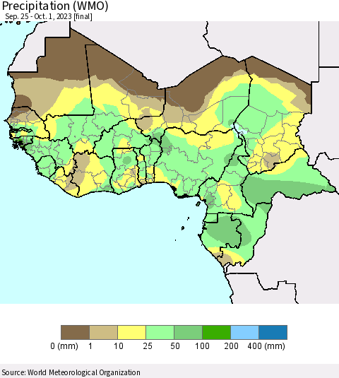Western Africa Precipitation (WMO) Thematic Map For 9/25/2023 - 10/1/2023