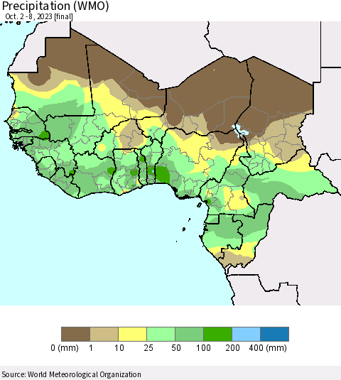 Western Africa Precipitation (WMO) Thematic Map For 10/2/2023 - 10/8/2023