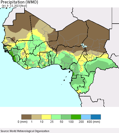 Western Africa Precipitation (WMO) Thematic Map For 10/9/2023 - 10/15/2023