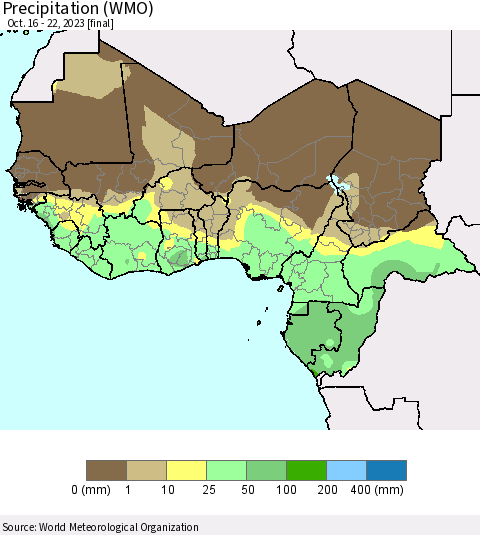 Western Africa Precipitation (WMO) Thematic Map For 10/16/2023 - 10/22/2023