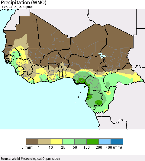 Western Africa Precipitation (WMO) Thematic Map For 10/23/2023 - 10/29/2023
