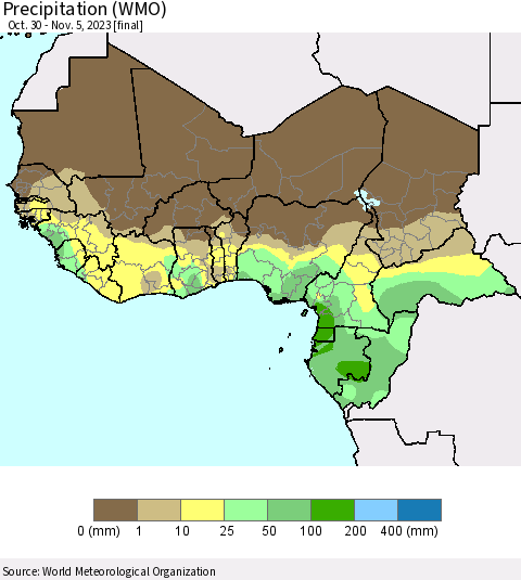 Western Africa Precipitation (WMO) Thematic Map For 10/30/2023 - 11/5/2023