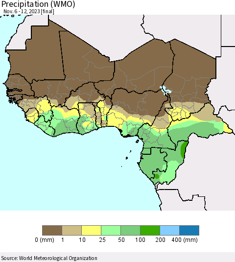 Western Africa Precipitation (WMO) Thematic Map For 11/6/2023 - 11/12/2023