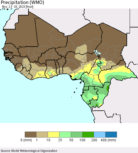Western Africa Precipitation (WMO) Thematic Map For 11/13/2023 - 11/19/2023