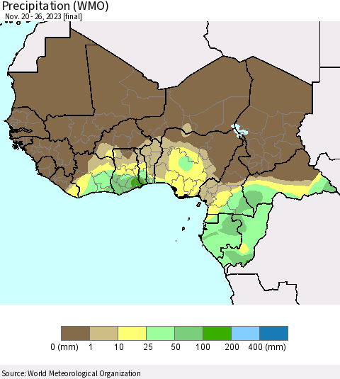 Western Africa Precipitation (WMO) Thematic Map For 11/20/2023 - 11/26/2023