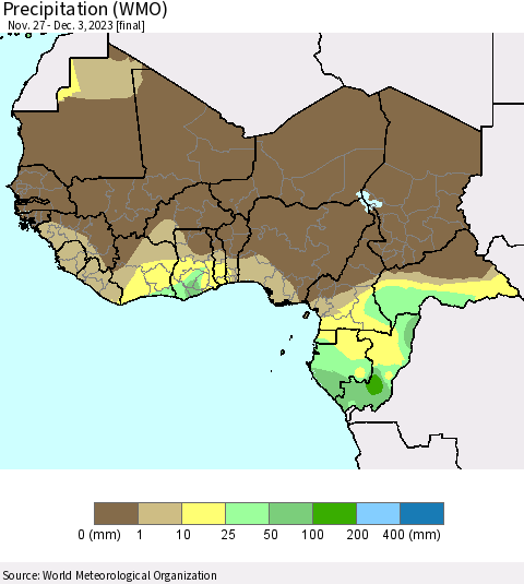 Western Africa Precipitation (WMO) Thematic Map For 11/27/2023 - 12/3/2023