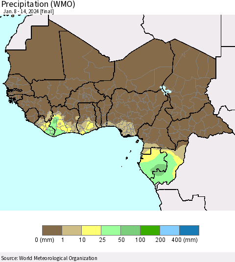 Western Africa Precipitation (WMO) Thematic Map For 1/8/2024 - 1/14/2024