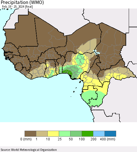 Western Africa Precipitation (WMO) Thematic Map For 2/19/2024 - 2/25/2024